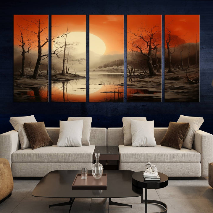 The "Abstract Watercolor Trees and Sunset on Lake Wall Art" is a triptych masterpiece, showcasing an orange-hued landscape of barren trees and a large sun. Displayed on museum-quality canvases with UV-protective coating, it creates a striking visual element in any space.