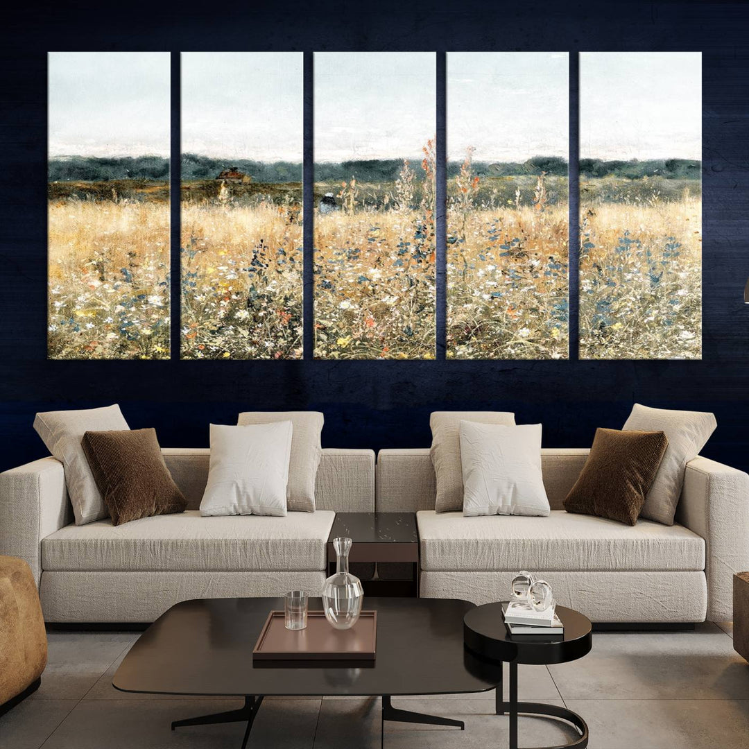 The "Wildflower Field Wall Art Canvas" brings rustic charm to the room with its nature-inspired landscape print, making it a perfect addition to the living room or office.