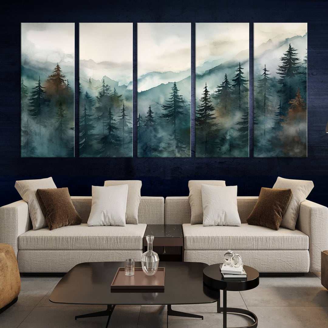 A set of Serenity Forest Wall Art Canvas prints, showcasing foggy mountain landscapes, is displayed in the living room.