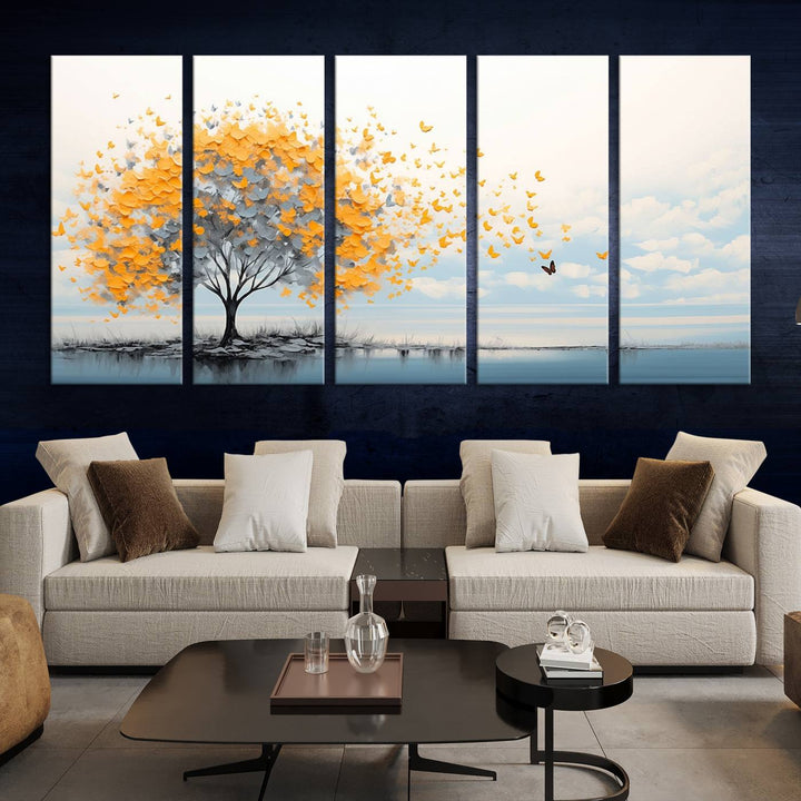 A Butterfly Tree Wall Art Canvas, featuring a modern tree adorned with yellow butterflies, decorates the wall.