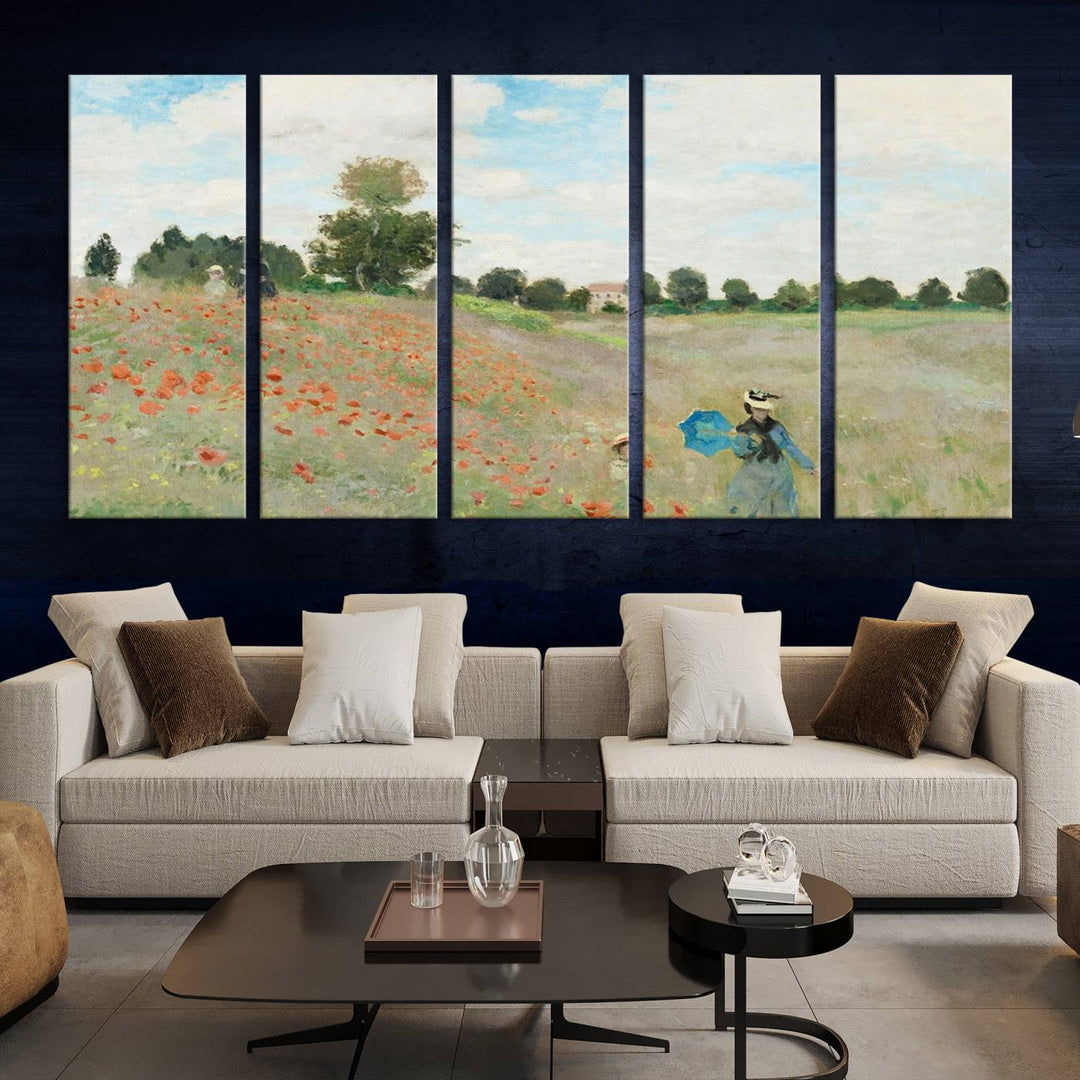 The Claude Monet The Poppy Field Canvas Print features a scene of a serene meadow with blooming flowers and a woman and child. It is printed on museum-quality canvas with UV-protective coating.