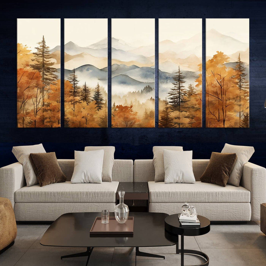 Abstract Mountain Mist Canvas Wall Art – Tranquil Autumn Forest and Misty Peaks - Ready to Hang