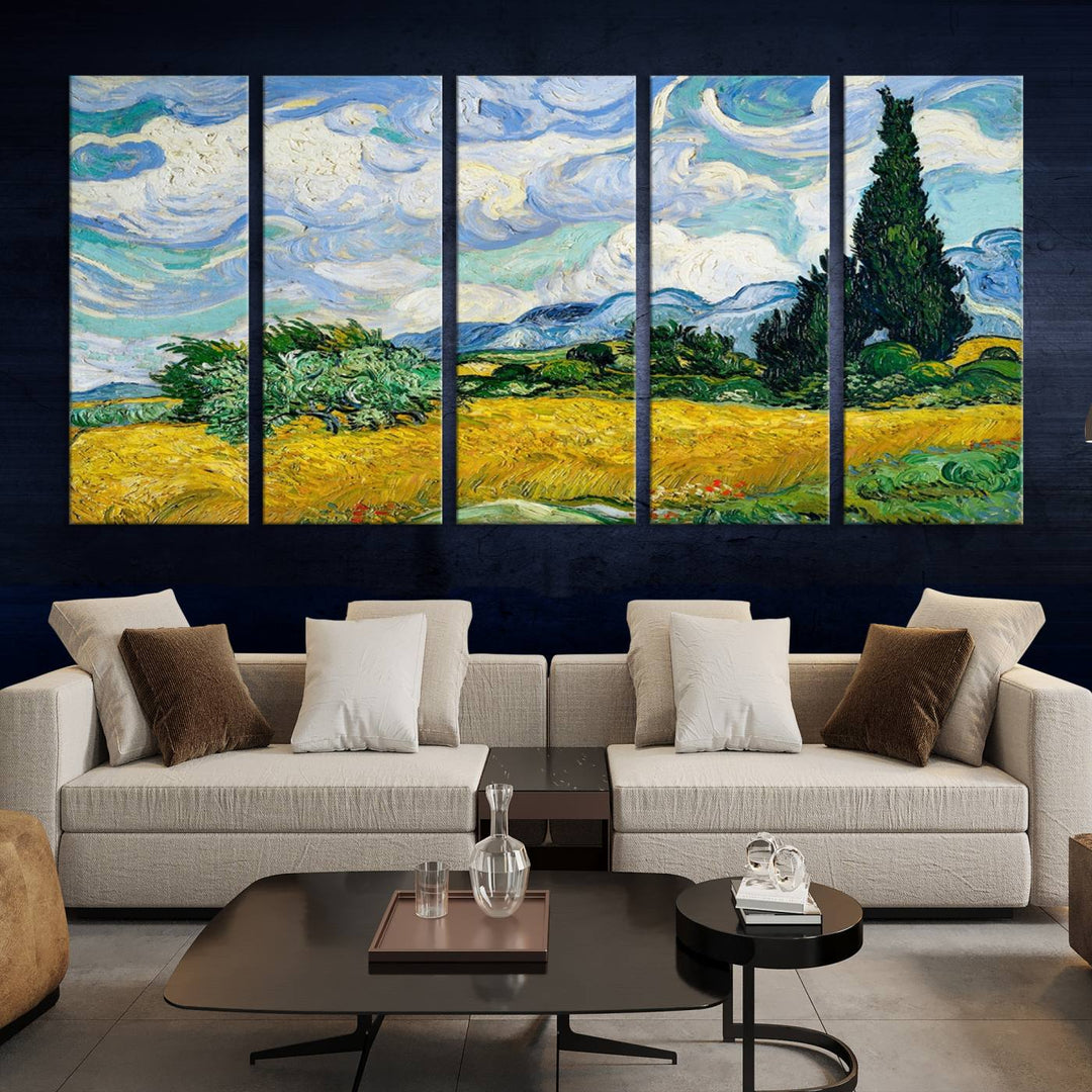 A contemporary living room features a large triptych of "Wheatfield With Cypresses By Van Gogh Painting Wall Art Canvas Print." Crafted on museum-quality canvas, this artwork brings a sense of elegance and craftsmanship reminiscent of professional artistry.