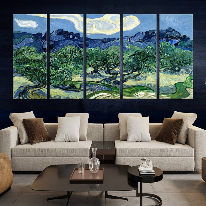 The Olive Trees Van Gogh Wall Art Canvas Print enhances the living room with its vivid landscape on museum-quality canvas, complete with a UV-protective coating.