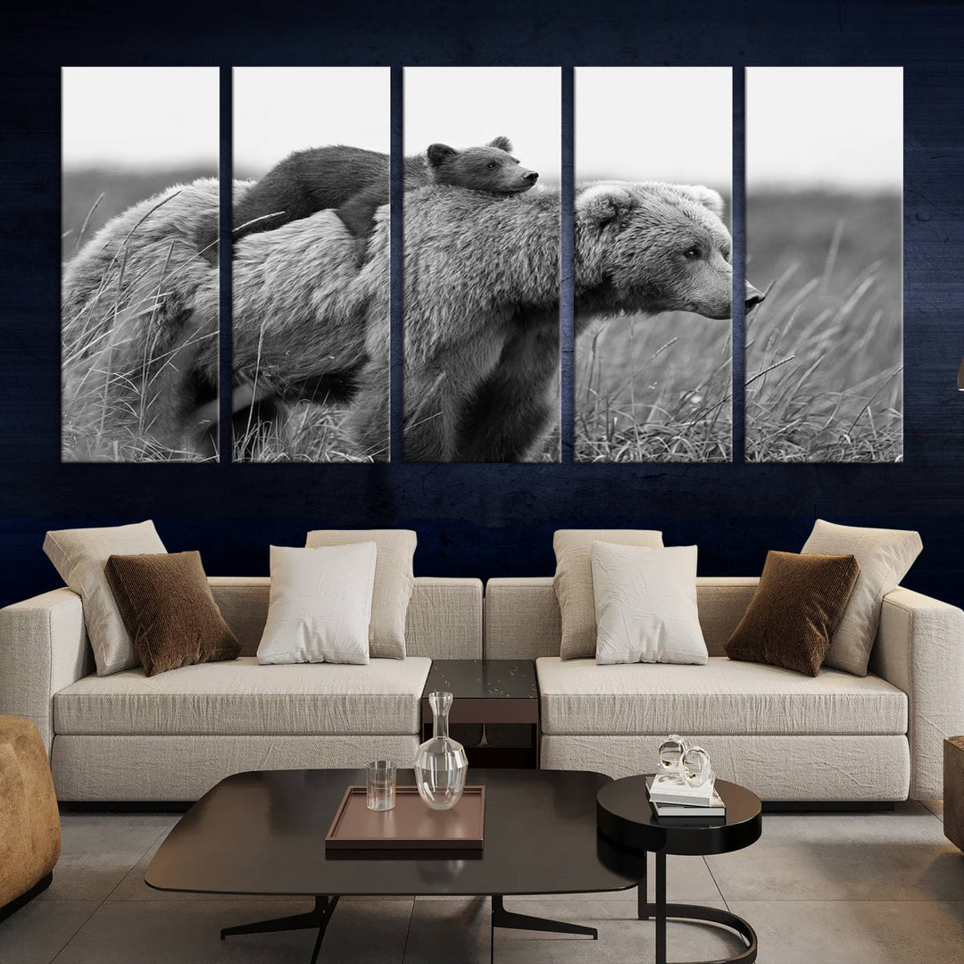 Baby Bear and Mom Bear Family Black & White Canvas Print Wall Art Canvas