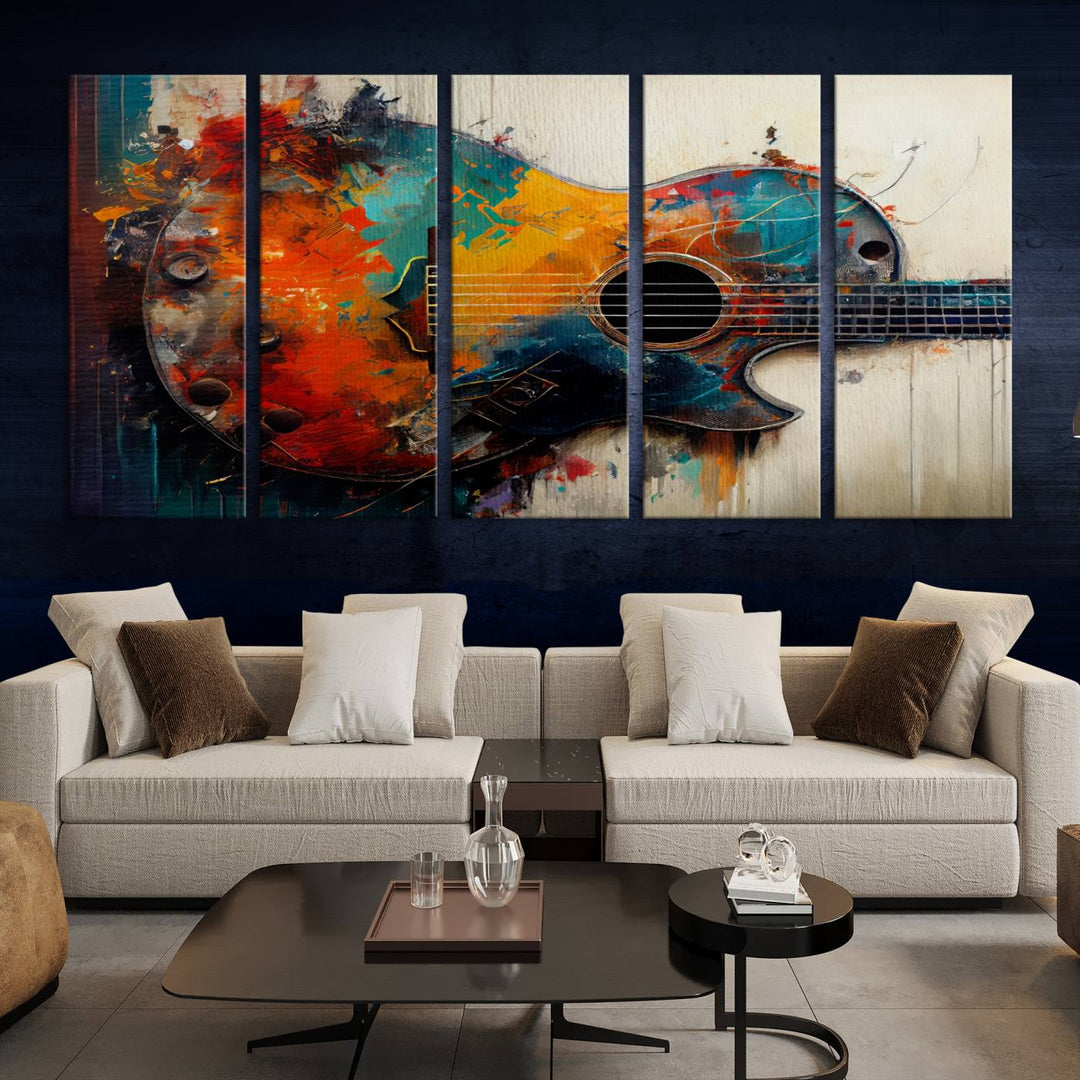 The Abstract Guitar Wall Art Canvas, a vibrant music-inspired piece, adds colorful decor and high-quality canvas charm to the room.