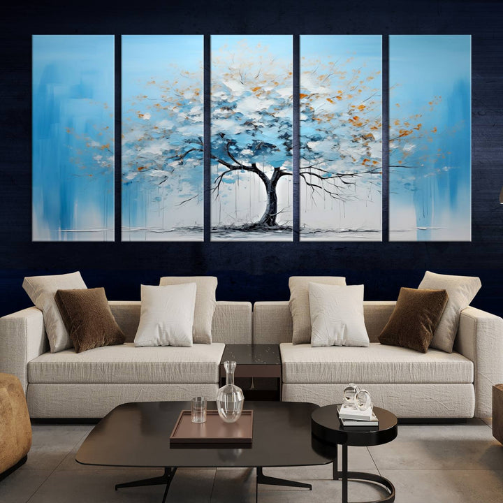 Modern living room featuring the Large Blue Abstract Tree Wall Art Canvas Printing. Enjoy the elegance with free shipping.