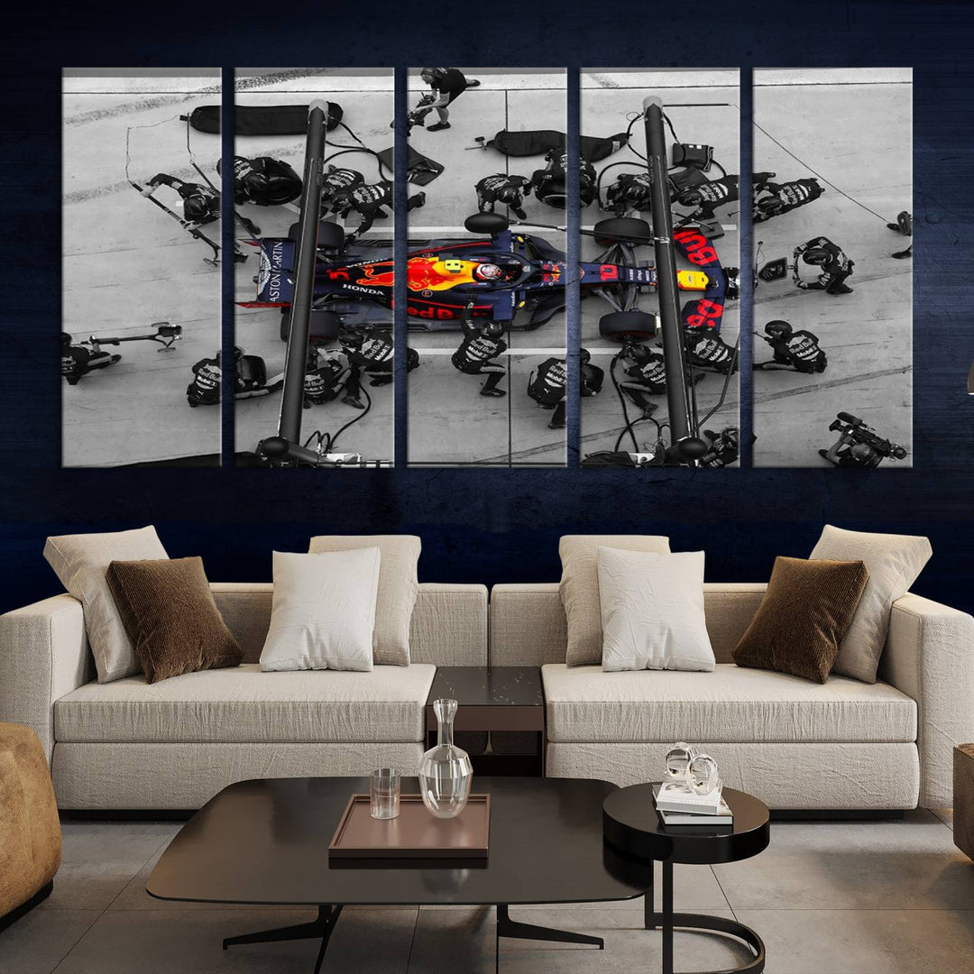 The RedBull Formula 1 Canvas Wall Art Print, a set of three gallery-quality pieces, elegantly adorns the wall.