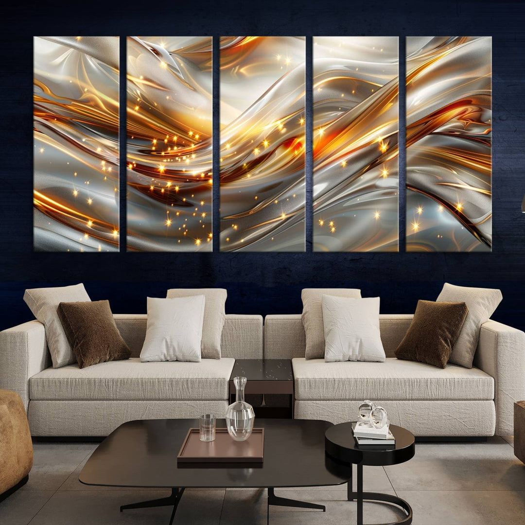 The Elegant Modern Gold Abstract Wall Art - Premium Framed Canvas Print for Home & Office Decor showcases a captivating triptych with swirling metallic designs and golden sparkles, perfectly enhancing contemporary interiors.