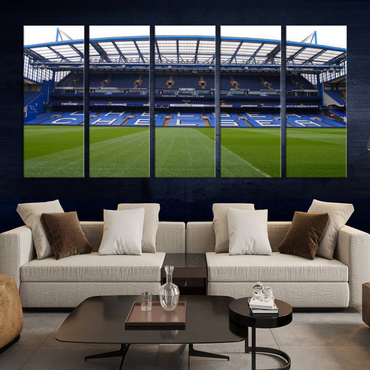 The Chelsea FC Soccer Team Print - Stamford Bridge Stadium Wall Art Canvas Print hangs elegantly, bringing the thrill of the game into your living room.