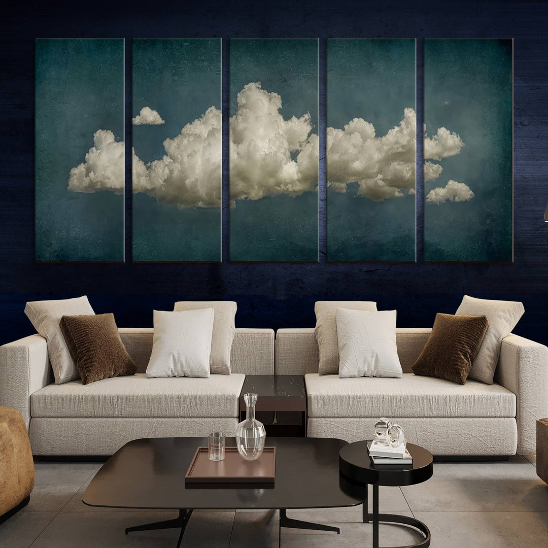 The Vintage Green Clouds Wall Art Canvas Print, set against a teal backdrop, showcases breathtaking canvas artwork with a gallery-quality finish.