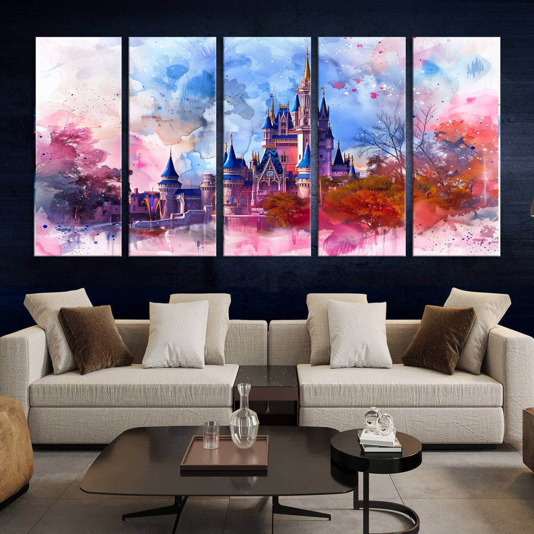 The Disney Wall Art: Dreamy Watercolor Cinderella Castle Canvas Print features a fairy-tale castle with vibrant pink, blue, and purple hues. Expertly handmade in the USA, this premium canvas wall art adds a touch of enchantment to any room.