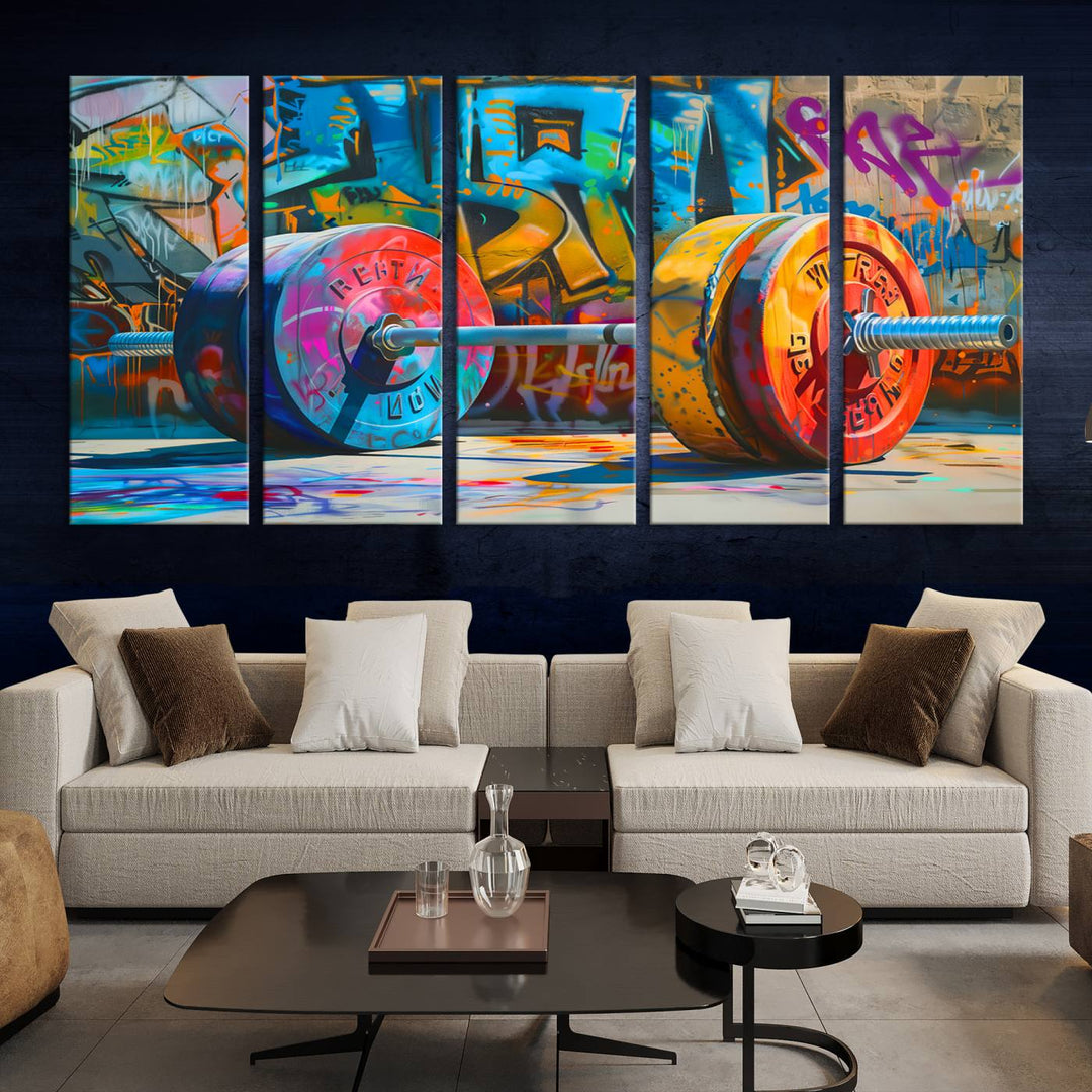 The Fitness Gym Barbell Graffiti Wall Art Canvas Print, a vibrant triptych featuring a barbell against a graffiti backdrop, elegantly hangs in the room. Crafted on premium canvas with a gallery-quality finish, this stunning piece of wall art effortlessly combines urban flair with sophisticated decor.