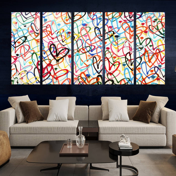 The "Colorful Love Canvas print," featuring vibrant abstract street art with overlapping loops, is handmade in the USA.