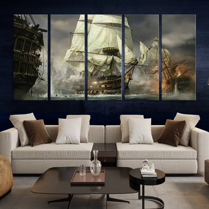 The Pirate Ship War Wall Art Canvas Print, featuring a stunning three-panel depiction of an intense sea battle with tall ships, boasts a gallery-quality finish that adds an elegant touch to its display.