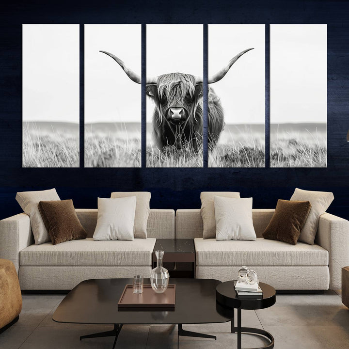 The living room is enhanced by a stunning three-panel Longhorn Wall Art Canvas Print. This museum-quality piece of Texas Longhorn Art comes on a gallery-wrapped canvas with a UV-protective coating to keep it vibrant under everyday light exposure.