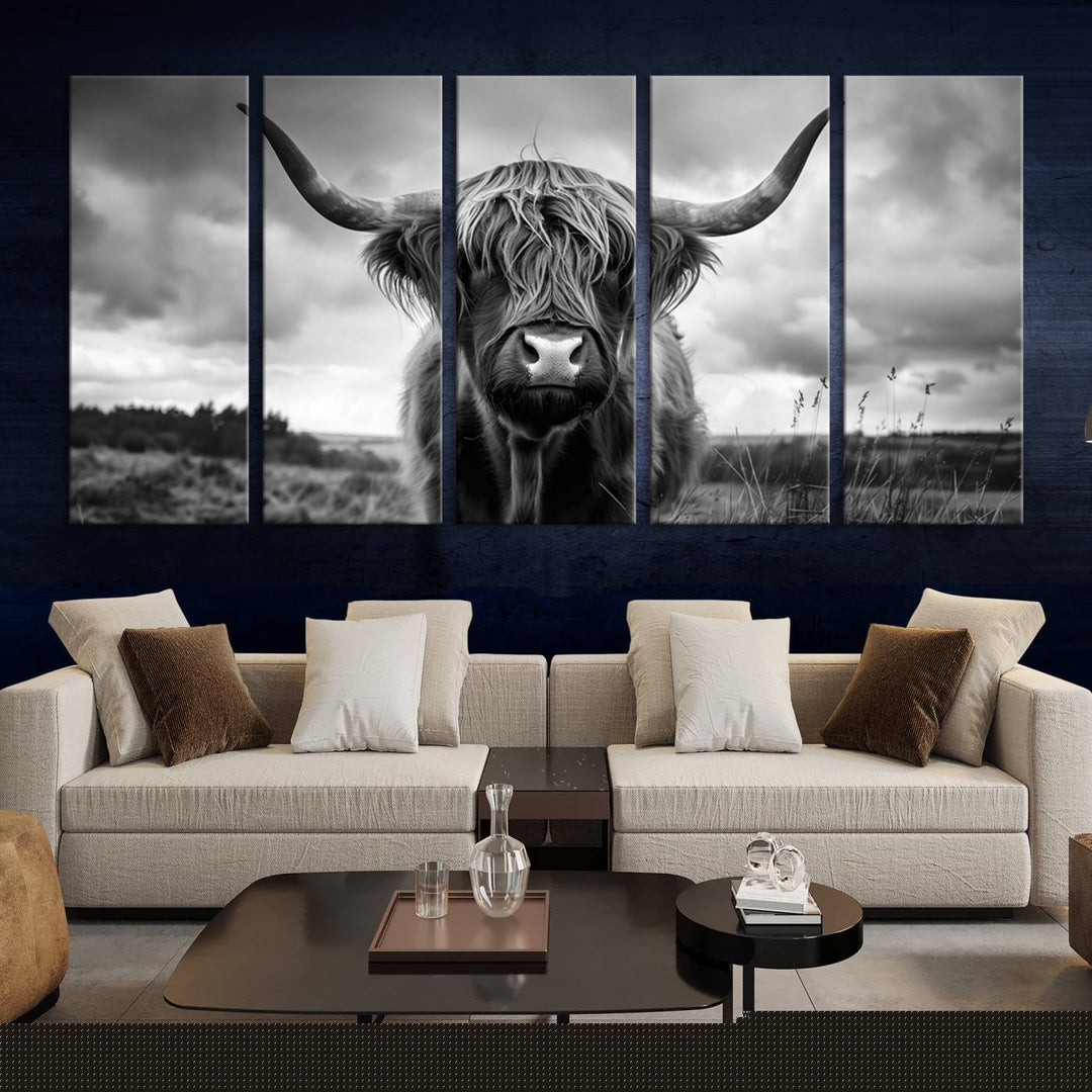 A stunning gallery-quality piece, the "Scottish Cow Wall Art Canvas Print | Longhorn Wall Art | Bighorn Animal Wall Art," depicts a Highland cow with long horns and shaggy fur. This captivating wall art elegantly enhances the space.