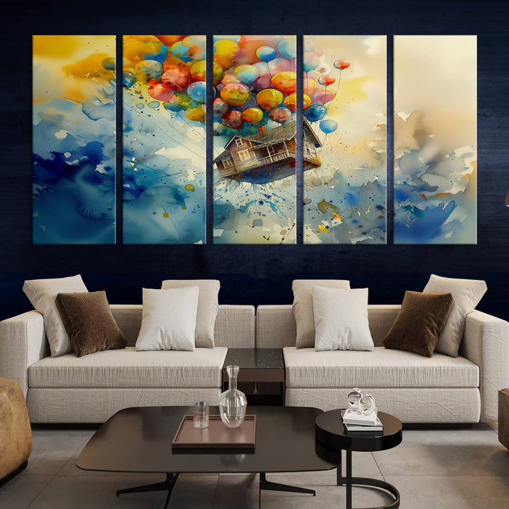 The Cartoon Movie Wall Art Canvas Print, featuring a vibrant house lifted by balloons and split across three panels, serves as captivating wall art. Handmade in the USA, it adds charm and whimsy to any space.