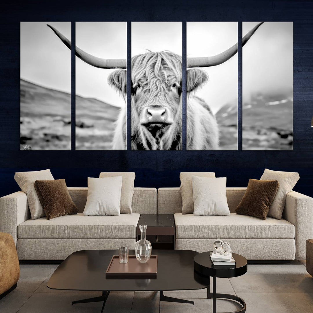 A "Scottish Cow Wall Art Canvas Print" with a gallery-quality finish hangs prominently.