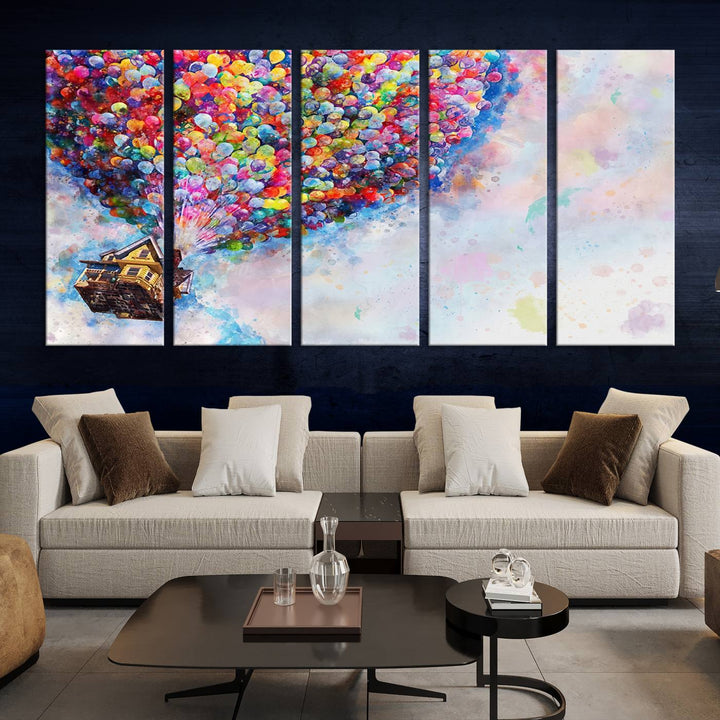 The "Watercolor Cartoon Movie Balloons Canvas Print" is showcased, depicting a whimsical house being lifted by colorful balloons. This triptych wall art is crafted on museum-quality canvases with a UV-protective coating to maintain its vibrant colors, making it ready to hang in any room.