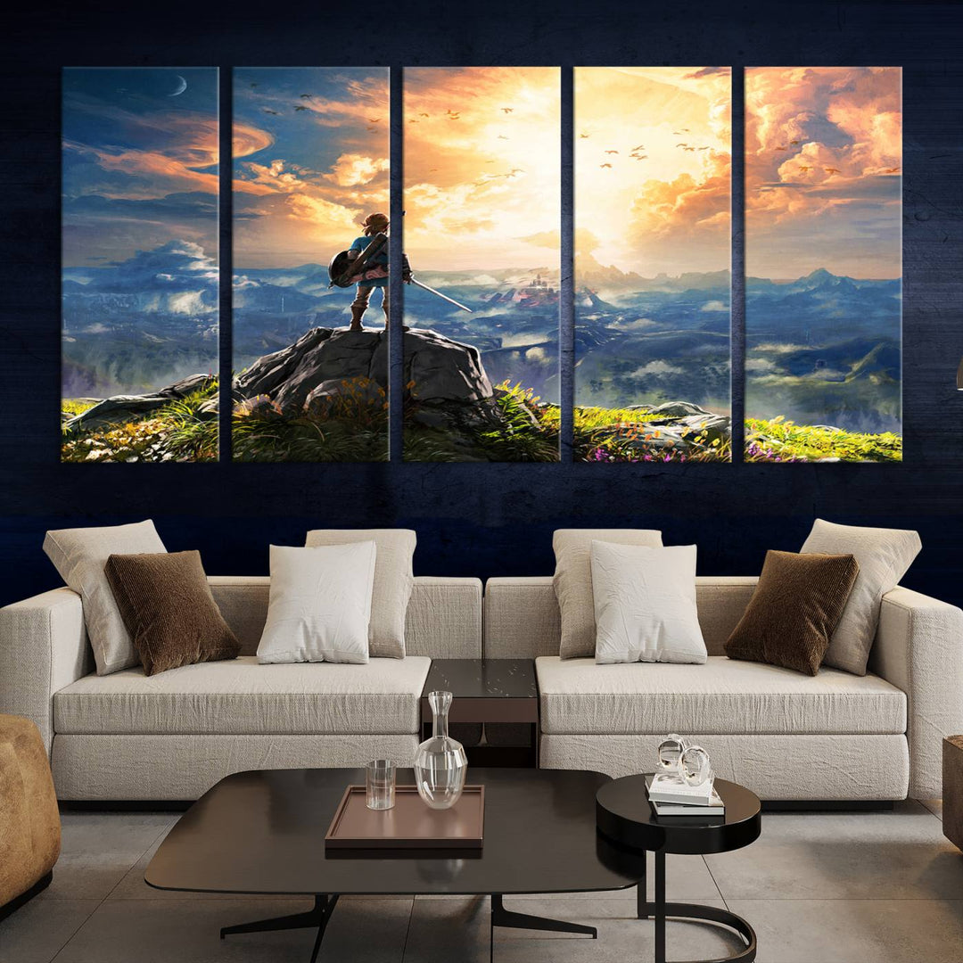 The Legend of Zelda Breath of the Wild Game Wall Art Canvas Print showcases a fantasy landscape with a character on a cliff, all rendered in gallery-quality finish on premium canvas.