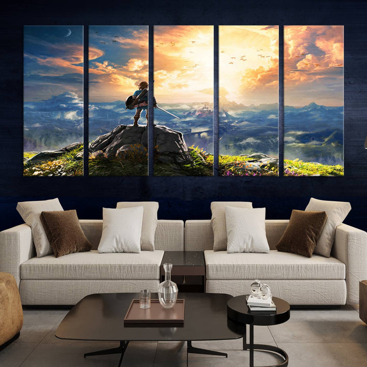 The Legend of Zelda Breath of the Wild Game Wall Art Canvas Print showcases a fantasy landscape with a character on a cliff, all rendered in gallery-quality finish on premium canvas.