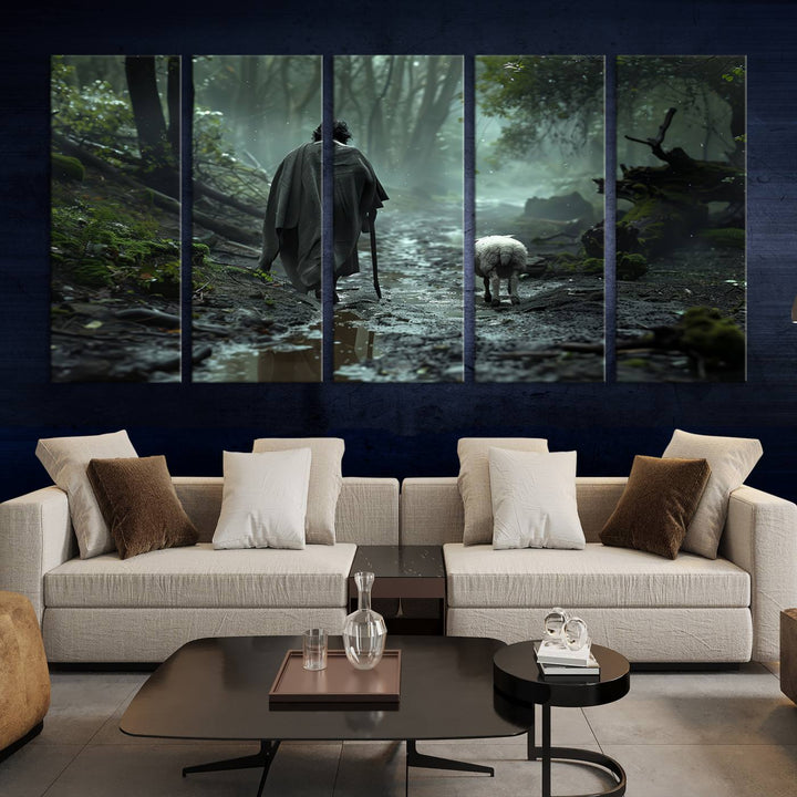 The "Forest Jesus Shepherd Canvas Wall Art" features a person with a cane, clothed in a cloak, walking beside a sheep through a misty forest. This piece captures tranquility and is ideal for adding serenity to your living room, office, or bedroom decor.