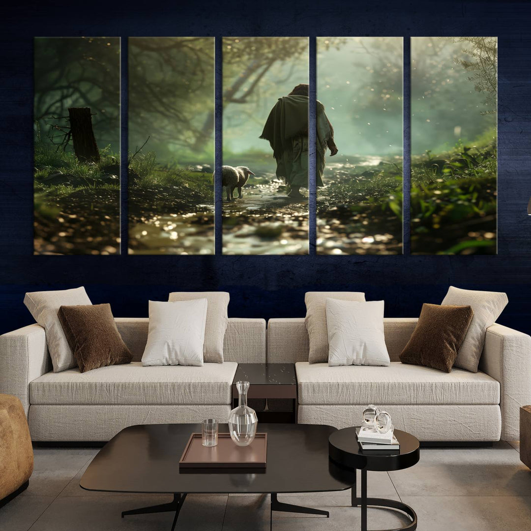 The wall art piece, titled "Jesus Shepherd a Lost Lamb Canvas Wall Art Print," is suspended on the wall and depicts a robed figure and a lamb wandering along a forest path.