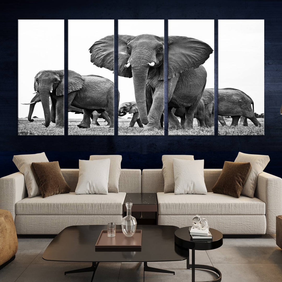 The Black White Elephant Family Wall Art Canvas Print features a triptych of elephants walking in the wild, crafted as gallery-quality wall art on premium canvas.