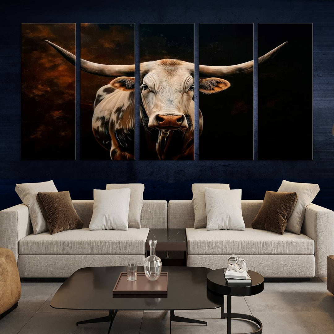 The Texas Longhorn Wall Art, a 3-panel large canvas print, infuses the room with a dash of cowboy charm.