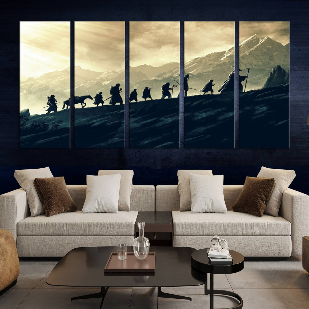 A canvas print titled "Lord of the Rings Silhouette Wall Art Capturing the Epic Quest Through Middle-Earth - The Fellowship's Journey" is displayed.