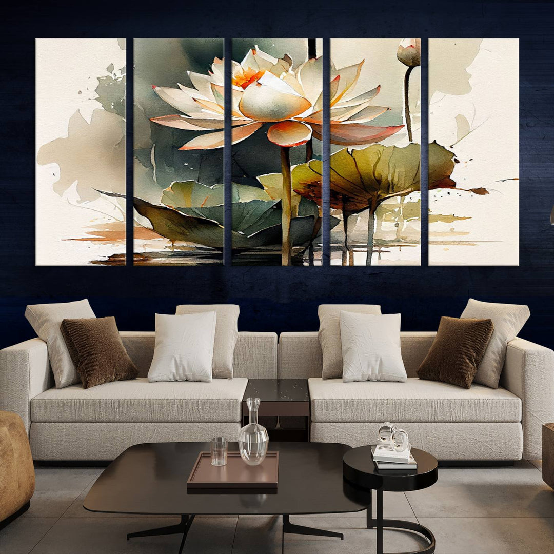 The Lotus Flower Watercolor Canvas Print, a contemporary wall art piece symbolizing serenity and growth with its soft watercolors, adorns the wall.