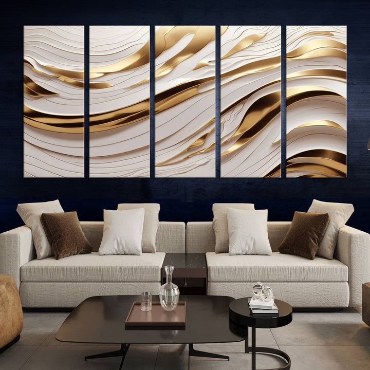 The "Gold and White Abstract Wave Canvas – Elegant Flowing Design with Luxurious Golden Accents" beautifully enhances the area and creates a stunning focal point in the room.