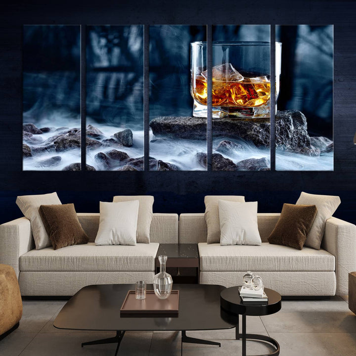 The Whiskey Ice Wall Art Canvas Print, a triptych featuring a glass of whiskey on the rocks, is crafted with a gallery-quality finish on premium canvas.