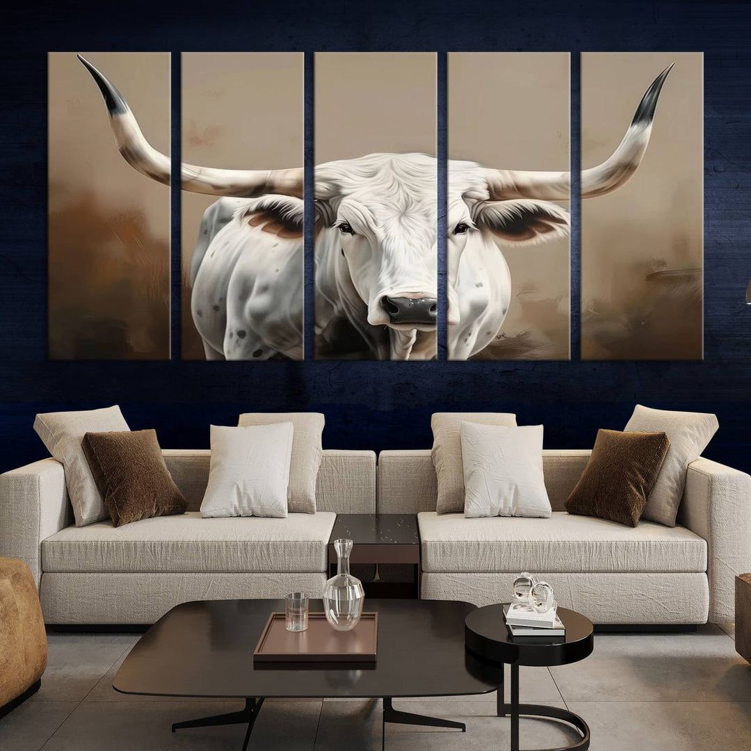 Texas Longhorn Canvas Wall Art features a triptych design on premium canvas with a gallery-quality finish.