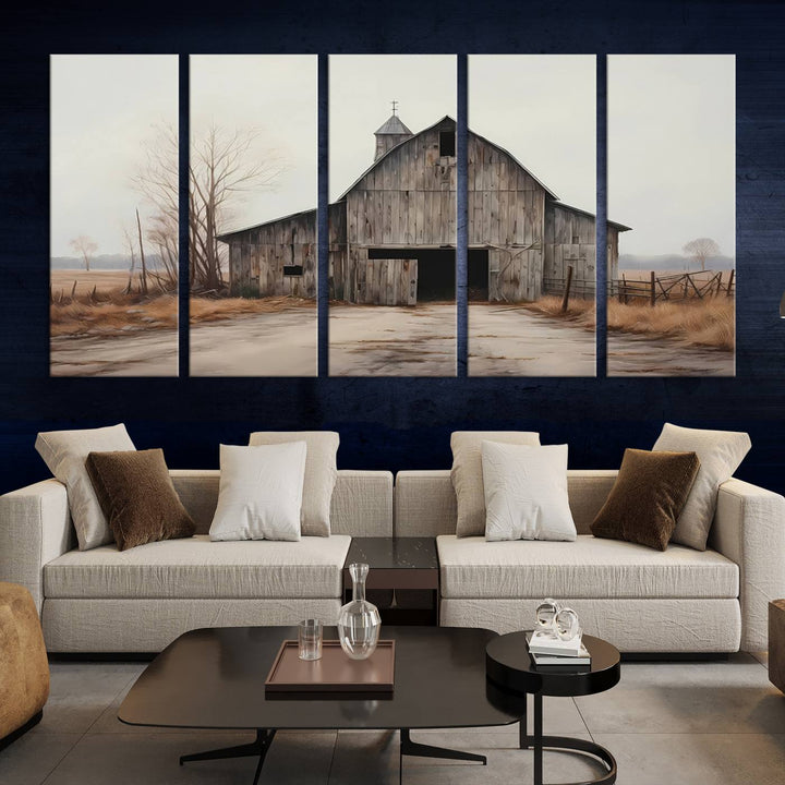 A framed and ready-to-hang Farmhouse Rustic Barn Wall Art Canvas Print is displayed against a gray wall. This stylish modern living room seamlessly combines rural life wall décor with contemporary comfort.