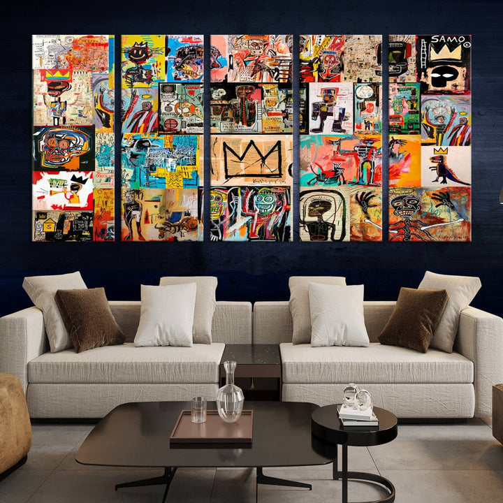 A vibrant Basquiat Art Collage Wall Art Canvas Print in an urban graffiti style adds a modern artistic flair.