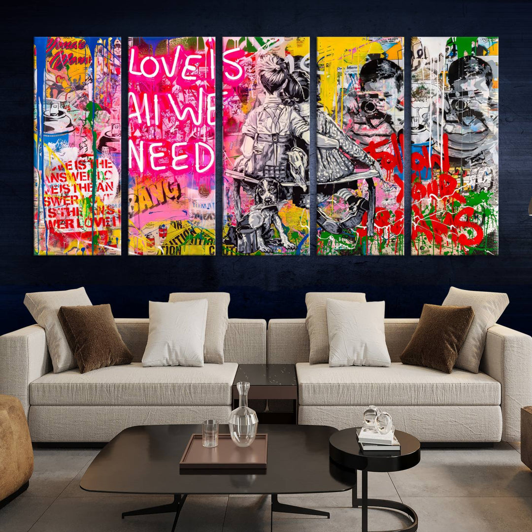 A vivid display of the "Follow Your Dreams & Love is All We Need" graffiti street art energizes a modern room with its three-panel arrangement. This bold giclee canvas print infuses any contemporary space with dynamic flair.