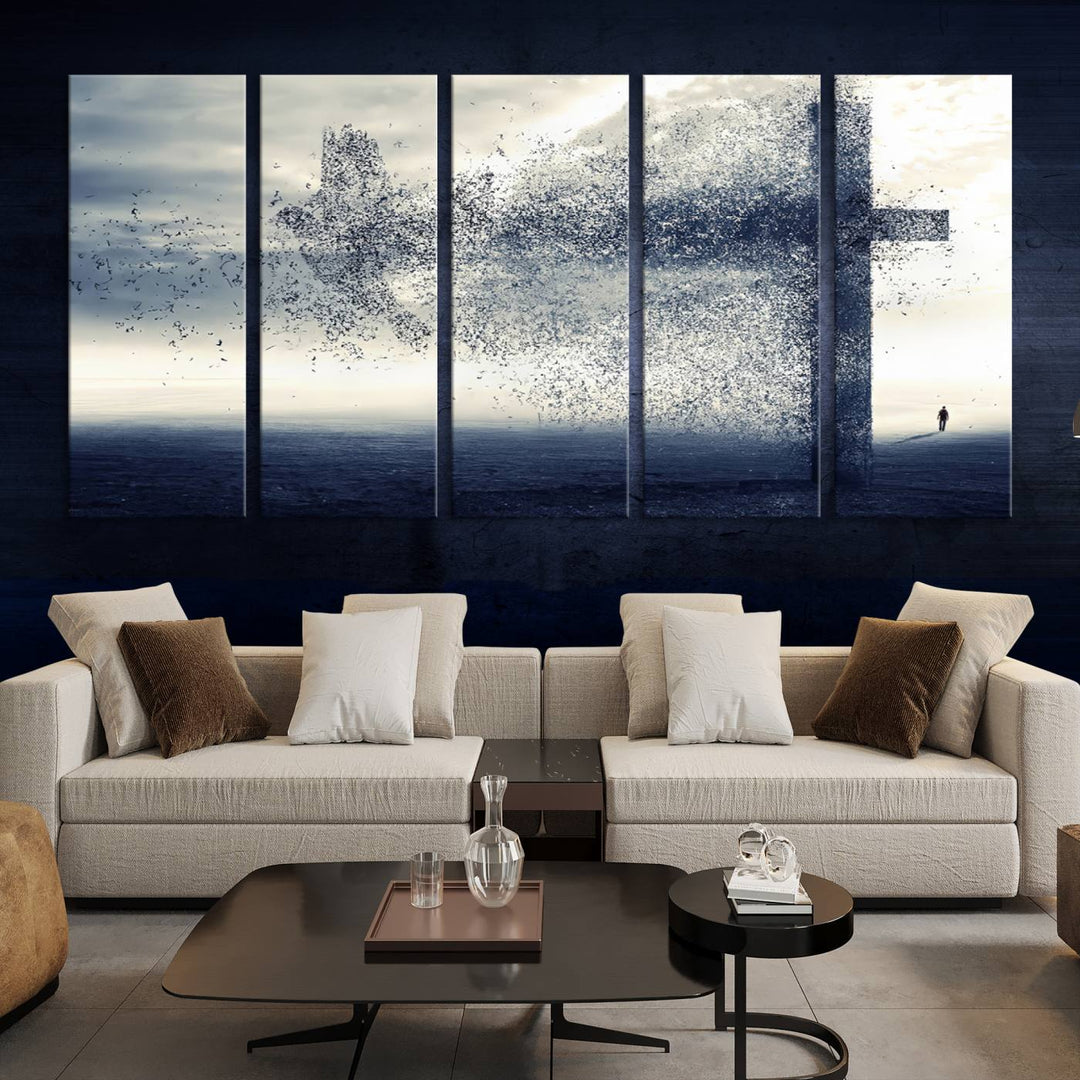 The "Jesus and the Fading Cross – Symbol of Faith" framed canvas print beautifully depicts a cross formed by birds against a moody sky above an ocean. This piece of Christian wall art infuses spirituality into the minimalist space.