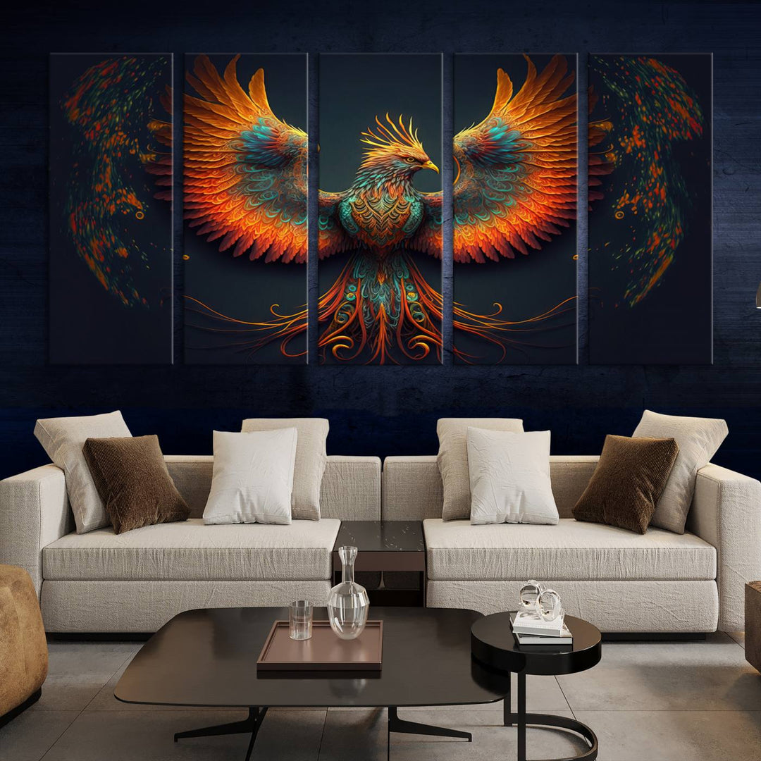 The Majestic Phoenix Wall Art Canvas Set, a fiery symbol of rebirth and strength, graces the wall.