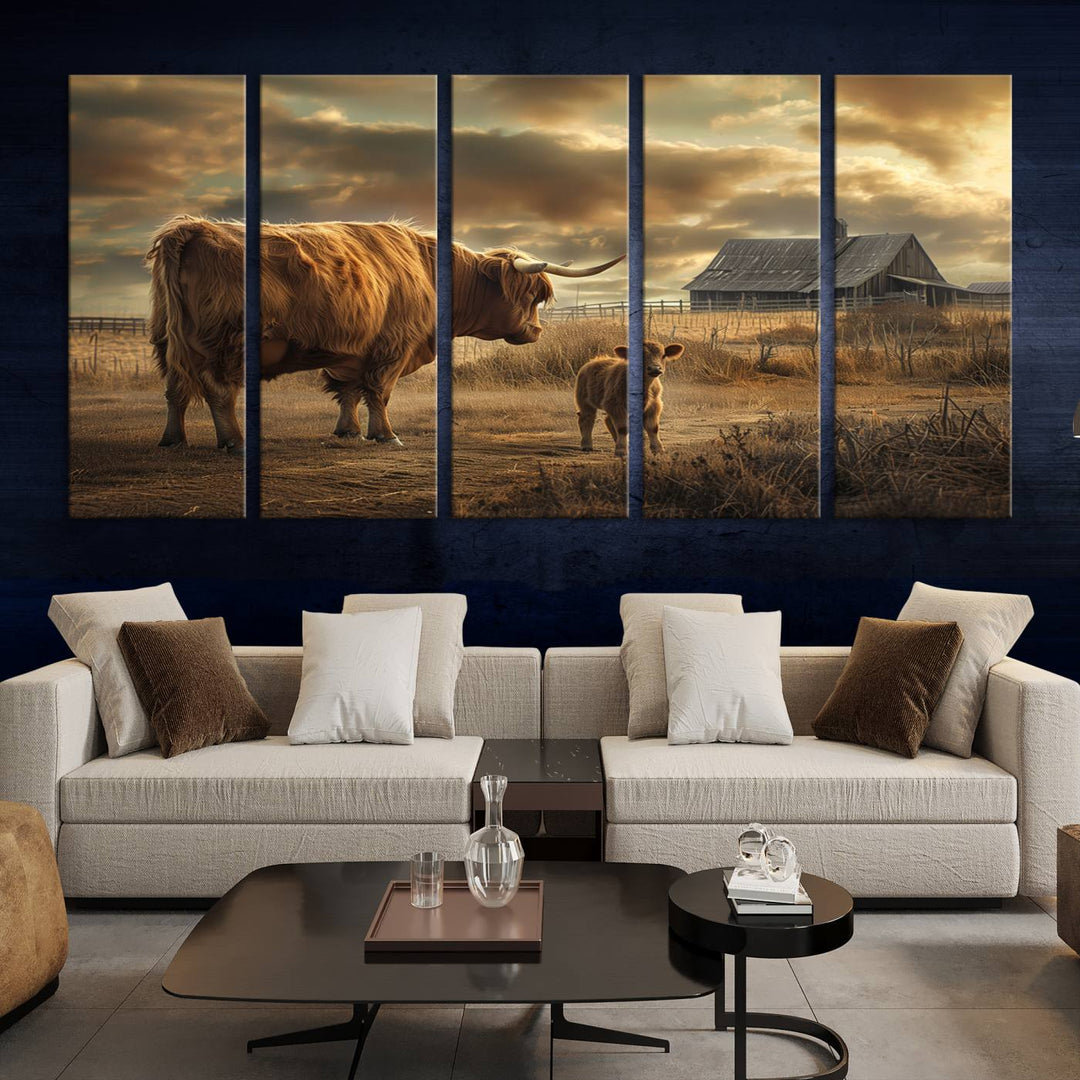 The living room features the "Highland Cow Canvas Wall Art Animal Print Pictures Fluffy Cattle Art," which captures a cow and calf in a rural sunset scene, adding gallery-quality charm.