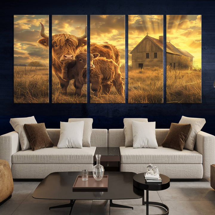 The room features the Barn and Highland Cow Canvas Wall Art Animal Print, a three-panel canvas depicting cows in a sunset field with a rustic barn backdrop. This handmade piece brings charm and character with its gallery-quality finish.