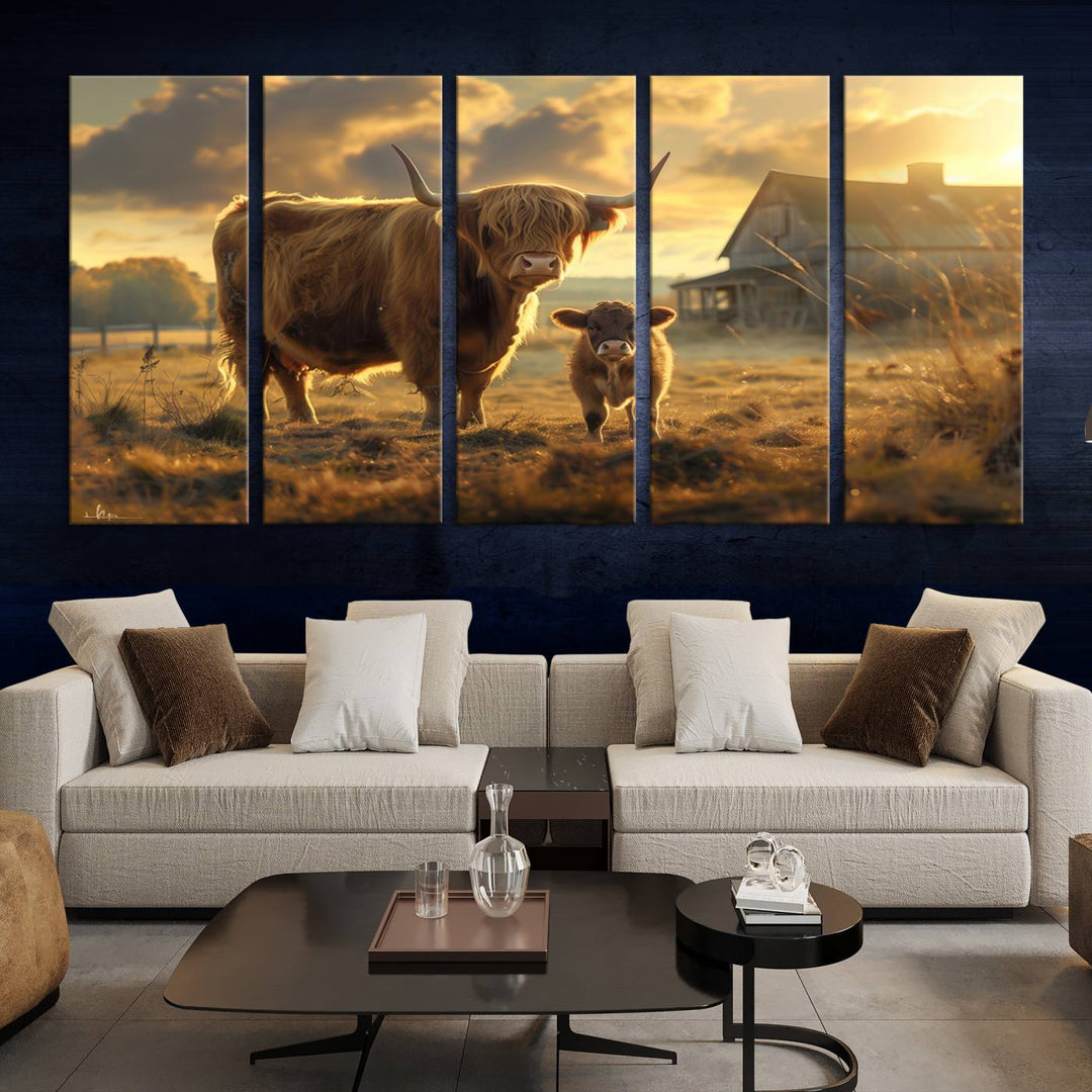 The "Highland Baby Cow Canvas Wall Art Animal Print" triptych art piece showcases a cow and calf in a sunlit field with a barn in the background.