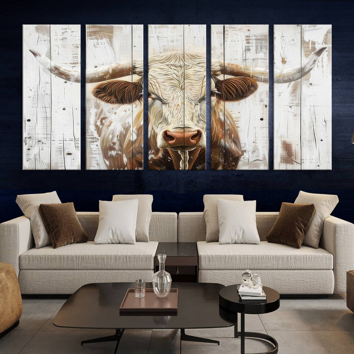 The dimly lit room is enhanced with Western charm by the Rustic Longhorn Bull Wall Art Canvas Set—Western-Inspired Farmhouse Décor, elegantly displayed on the wall.