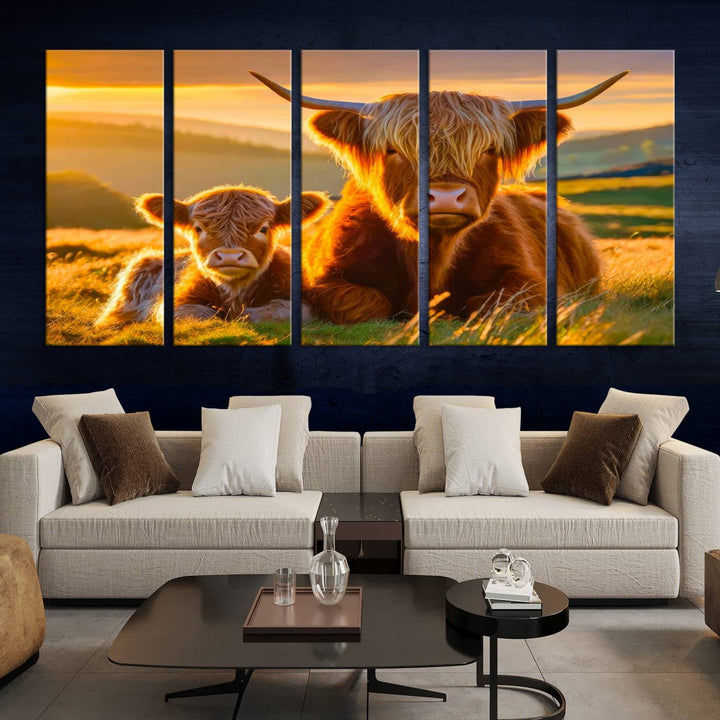 The living room showcases a gallery-quality finish with the Scottish Cow and Baby Cow Canvas Wall Art, featuring a charming animal print of fluffy cattle as the centerpiece. This stunning piece is displayed on premium canvas, creating an inviting atmosphere.