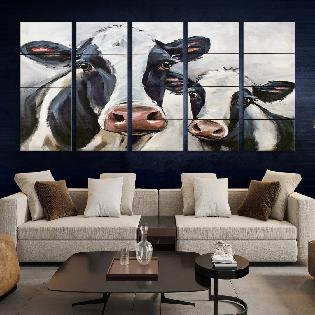 The Vintage Baby and Mom Cattle Wall Art Canvas Print is prominently displayed, adding a touch of contemporary and farmhouse decor to the modern living room.