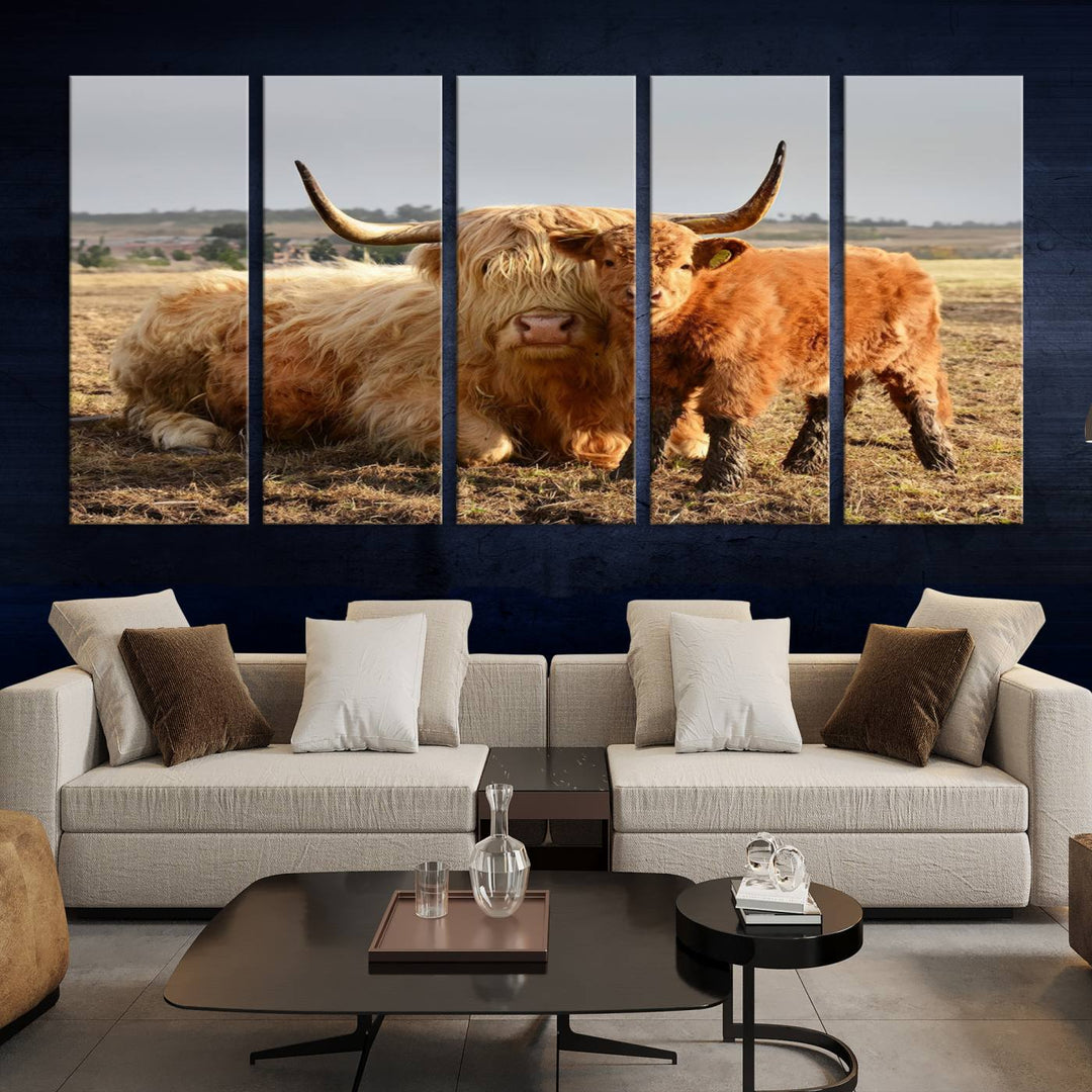 The three-panel canvas artwork, titled "Highland Cow Canvas Wall Art Animal Print for Farm House Decor," features a serene scene of a resting Highland cow and calf in a field. The piece highlights its gallery-quality finish.