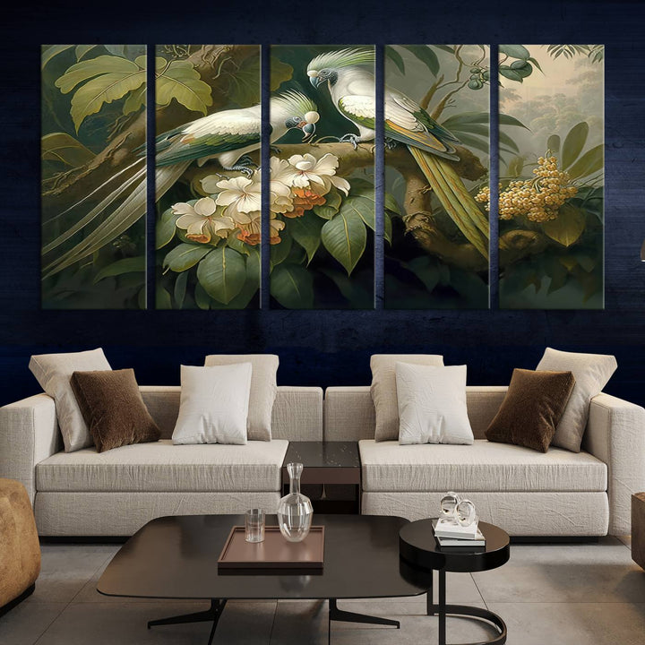 Crafted in the USA, this Tropical Paradise Print wall art features a stunning parrot amidst a lush forest and beautiful flowers.