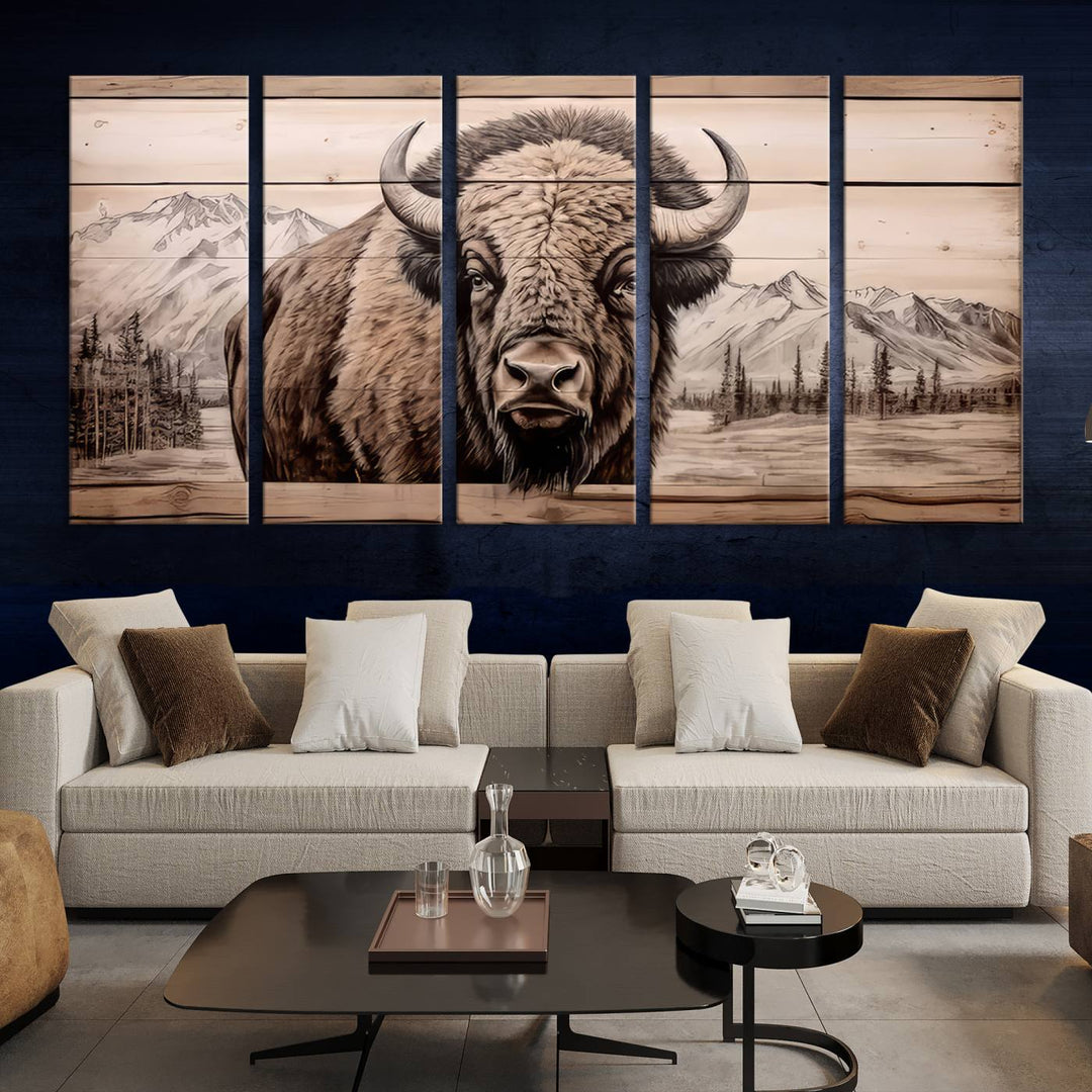 A stunning triptych artwork from the "Bison Canvas Wall Art American Buffalo Print Rustic Decor for Farmhouse Wall Art" collection graces the modern living room. Its vibrant colors are enhanced by museum-quality canvas and a UV-protective coating. The gallery-wrapped piece adds elegance to the space.