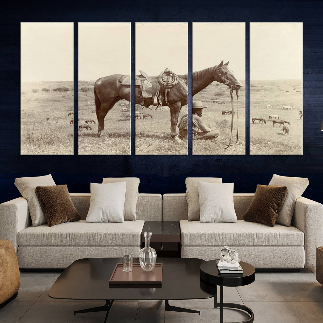 The "Serene Cowboy and Horse Resting on the Prairie" canvas print beautifully captures the essence of the American West, featuring a vintage cowboy resting under his horse in a grassy field with grazing cattle. This ready-to-hang western wall art adds a touch of nostalgia to any space.